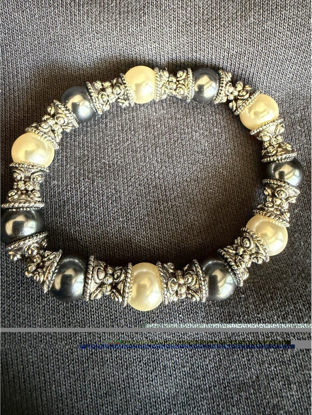 Black Ivory Faux Pearl Stretch Bracelet Silver Tone Spacer Beads Gali Style